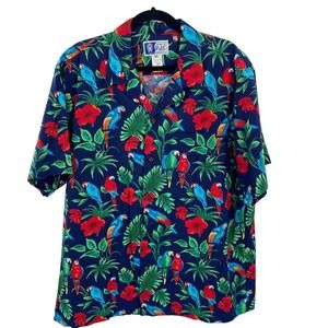 Styled by RJC Hawaii Button Front Shirt Men XL Blue Floral Parrot Cotton Vintage